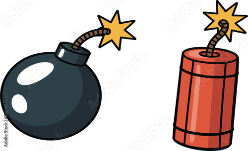 Round black bomb and red dynamite stick with lit wicks, dangerous explosive weapon icon vector