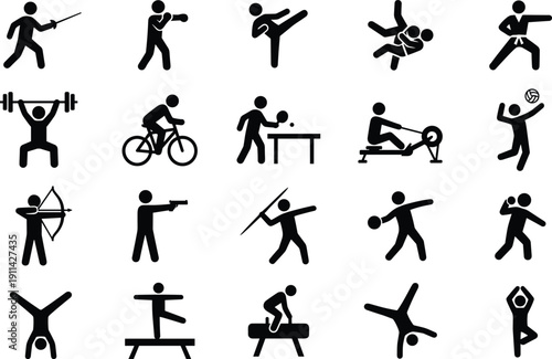 Sports and fitness silhouette icons vector set, athletes performing training, martial arts and recreational activities isolated on white background