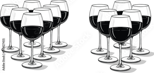 Two Symmetrical Groups of Red Wine Glasses Set for Celebration Hand Drawn Vector Illustration for Restaurant Menu Winery Tasting Event and Elegant Party Beverage Decor