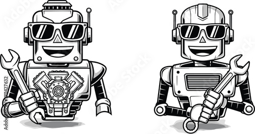 Two Friendly Cartoon Robot Characters Wearing Sunglasses Holding Wrenches for Mechanical Repair Service DIY Home Maintenance and Future Automation Technology Workshop Mascot Graphic Design