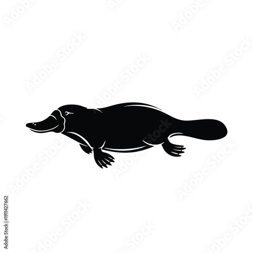 Silhouette of a Platypus swimming on a white background.