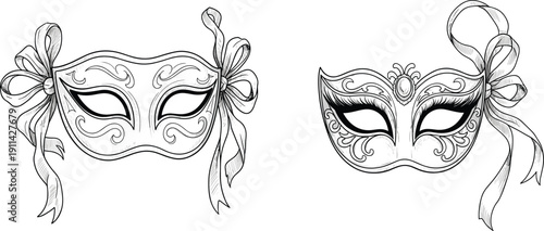 Two Hand Drawn Elegant Masquerade Masks with Ribbons and Ornate Patterns Set for Carnival Celebration Venetian Ball Invitation and Decorative Mysterious Party Design Elements