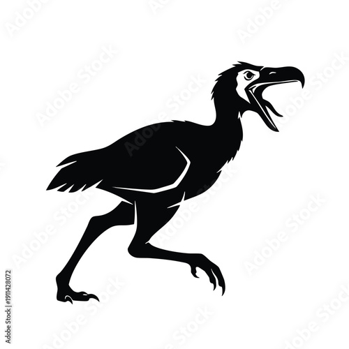 Silhouette of a prehistoric bird running with open beak.