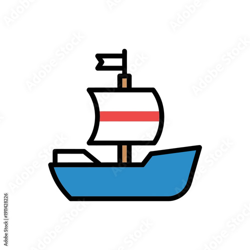 Simple Blue Sailboat with Red Stripe on Sail Icon.