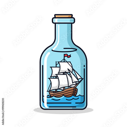 Ship in a Bottle Cartoon Illustration.