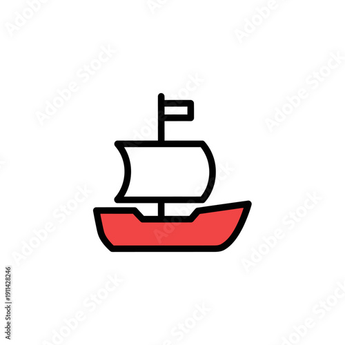 Simple Red Sailboat Icon with Black Outline and Flag.