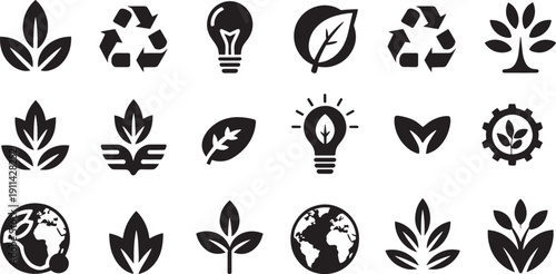 Black and white collection of eco friendly flat ecology environment recycling