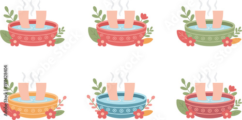 Foot Spa and Pedicure Treatment Flat Vector Set Isolated on White Background