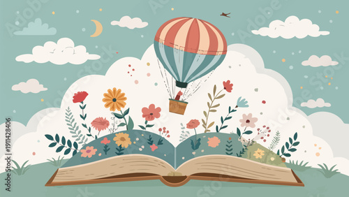 Whimsical hot air balloon soaring over blooming flowers from an open book