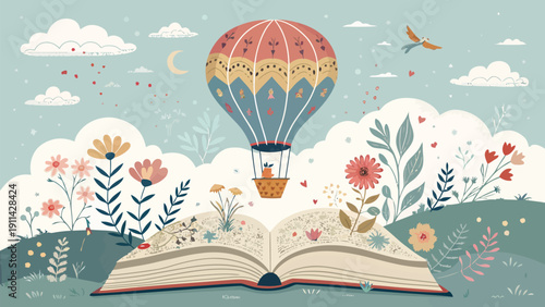 Whimsical hot air balloon rises from open book amidst vibrant flowers and clouds
