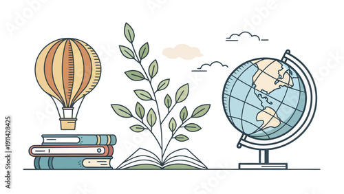 Vibrant illustration of education and exploration with globe and books
