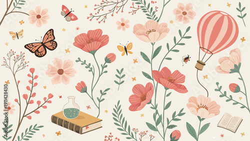 Whimsical floral pattern with hot air balloon and books