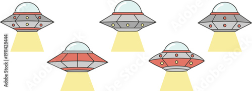 Flying Saucer UFO Spaceship Collection Flat Vector Set Isolated on White Background