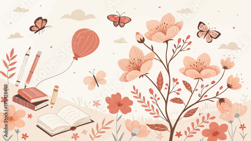 Whimsical flowers and butterflies surround books and pencils in a dreamy scene