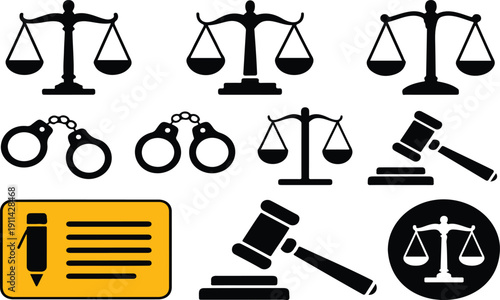 Justice and Law Symbols Vector Set – Scales, Gavel, Handcuffs, and Documents