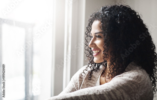 Cuadro en lienzo Reflection, relax and woman with smile, home and nostalgia for memory, daydreaming or remember