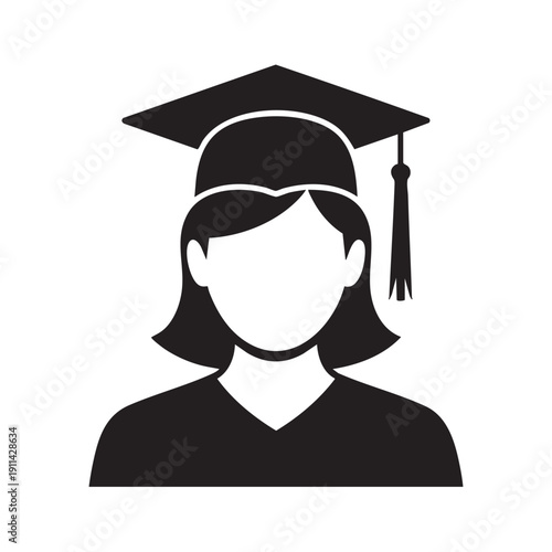 A simple black and white illustration of a female graduate wearing a graduation cap and gown, depicted from the shoulders up, against a plain background.