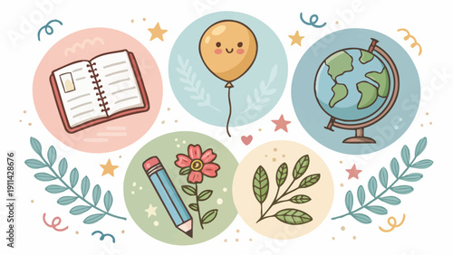 Colorful education icons set with notebook, globe, and stationery