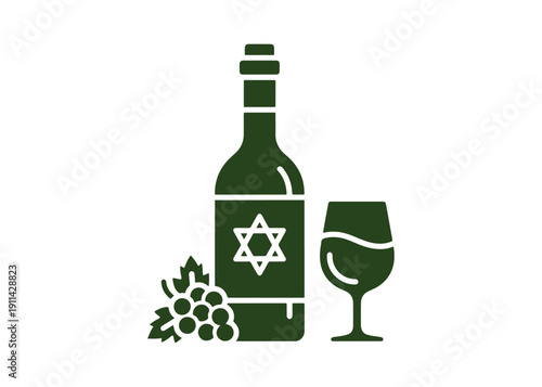 Kosher wine symbol in glyph form.  Jewish festivals and ceremonial practices.  Passover Seder event.  A celebratory feast.  Juice produced from grapes.  Sabbath evening meal.  Food that is kosher.