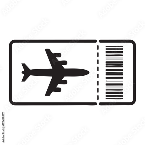A black and white graphic illustration of an airplane on a boarding pass with a barcode displayed prominently on a clean white background from a direct viewpoint