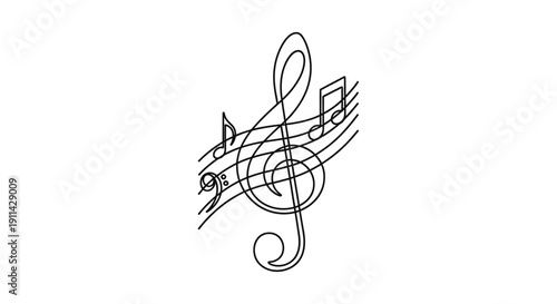A stylish continuous line art illustration gracefully portrays a flowing treble clef and musical notes, embodying the essence of rhythm, harmony, and creative sound.