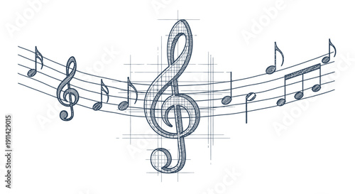 An elegant hand-drawn musical staff with a prominent treble clef and various notes gracefully arranged, symbolizing harmony and artistic expression.