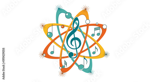 A vibrant illustration seamlessly merges the intricate structure of an atom with the harmonious elements of music, featuring musical notes and a prominent treble clef.
