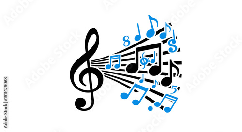 This captivating illustration shows a classic black treble clef emitting a vibrant cascade of diverse musical notes, symbolizing harmonious sound and artistic expression.