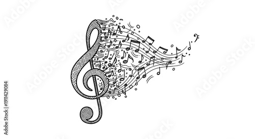 Abstract musical notes and treble clef flowing outwards, representing melody and sound in a dynamic, artistic design.