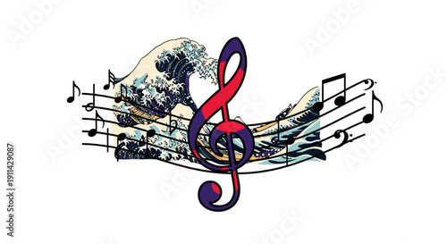 Melody of the Great Wave: Treble Clef and Musical Notes Merged with Japanese Art
