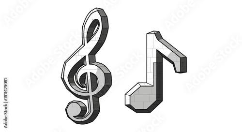 Treble Clef and Eighth Note Symbols, Music Notation Icons, Graphic Elements, Isolated on White Background