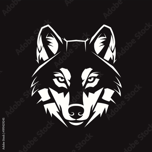 Stylized black and white wolf head graphic with a fierce expression
