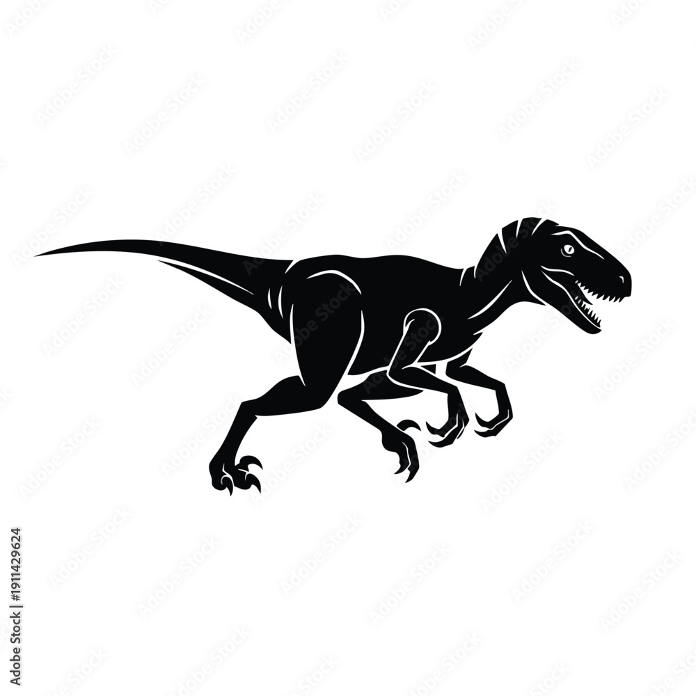 Fototapeta premium Silhouette of a Velociraptor dinosaur in a dynamic running pose.