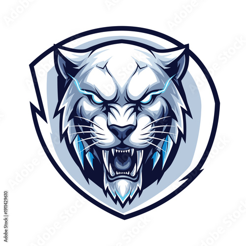 Aggressive white tiger or snow leopard head roaring emblem in a shield