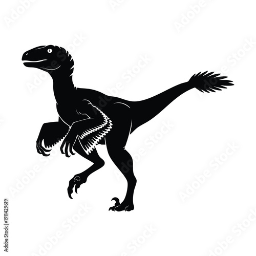 Silhouette of a Velociraptor Dinosaur in a Dynamic Pose.