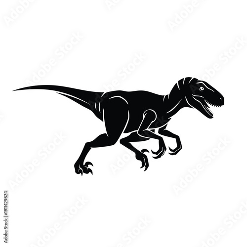 Silhouette of a Velociraptor dinosaur in a dynamic running pose.