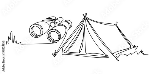Minimalist vector illustration depicting a pair of binoculars, drawn with a single unbroken line. Binoculars by a Tent in Nature 