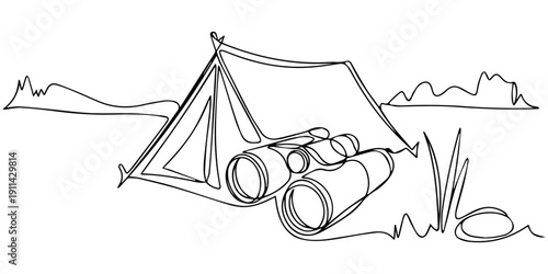Minimalist vector illustration depicting a pair of binoculars, drawn with a single unbroken line. Binoculars by a Tent in Nature 