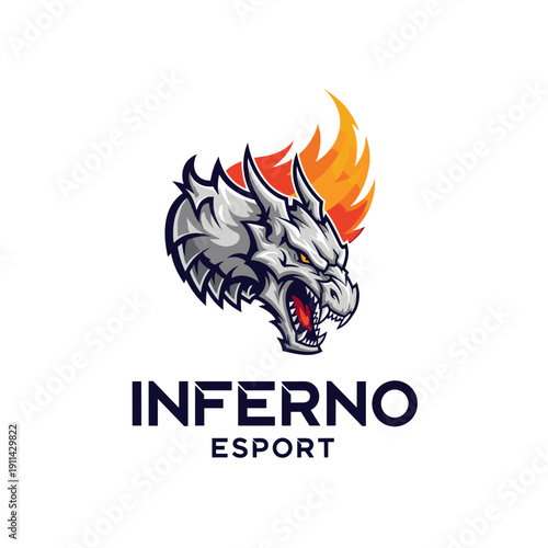 Fierce dragon head mascot logo with flames roaring for an esport brand