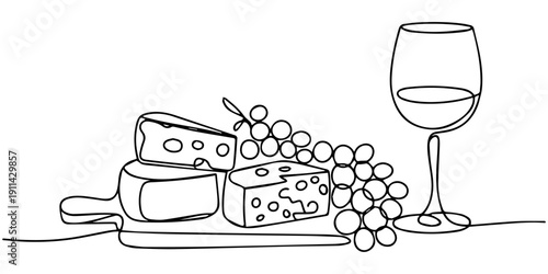 A minimalist single-line drawing of a wine glass with a bunch of grapes beside it.