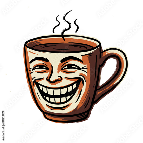 Steaming coffee mug with a happy cartoon face. Joyful beverage with cheerful expression. Fun illustration for cafe menu design, hand-drawn, transparent background