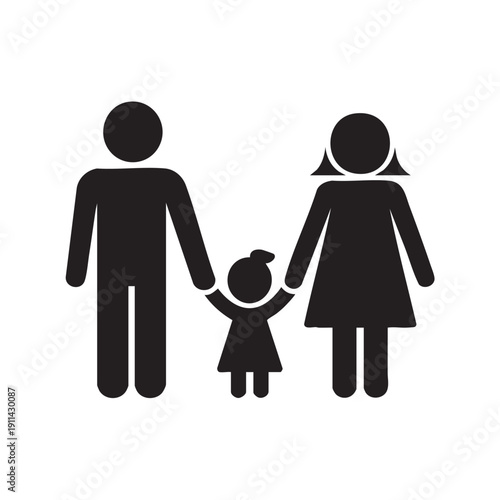 A simple black silhouette illustration of a family consisting of a man, woman, and child holding hands together, representing unity and togetherness, viewed from the front in a minimalist style.