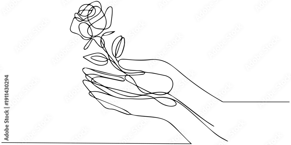 Fototapeta premium Continuous one line drawing of a hand holding a rose, a symbolic romantic gesture. Line art style vector illustration.