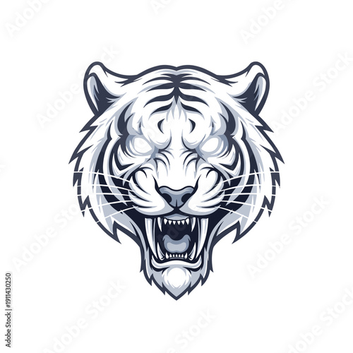 Fierce white tiger head with glowing blue eyes and open mouth roaring