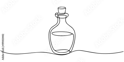 Continuous one line drawing of a glass bottle with liquid and a cap vector, continuous one line drawing, Sake icon. one line Art icon drawing vector, Minimalist continuous line drawing of a glass