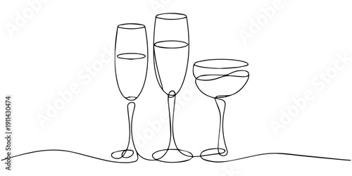 Continuous line wine glasses cheers. Celebration concept. Vector illustration isolated on white.