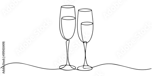 Continuous line wine glasses cheers. Celebration concept. Vector illustration isolated on white.
