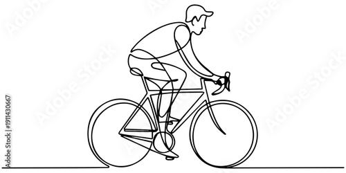 Continuous one line drawing of a cyclist riding a bicycle. Vector illustration of an athlete on a road bike isolated on white background. Minimalist sport concept