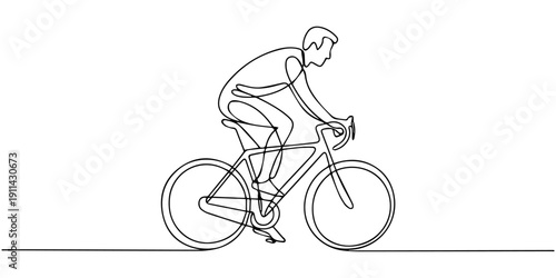 Continuous one line drawing of a cyclist riding a bicycle. Vector illustration of an athlete on a road bike isolated on white background. Minimalist sport concept