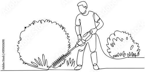 Continuous one line drawing of a gardener trimming bushes with shears
